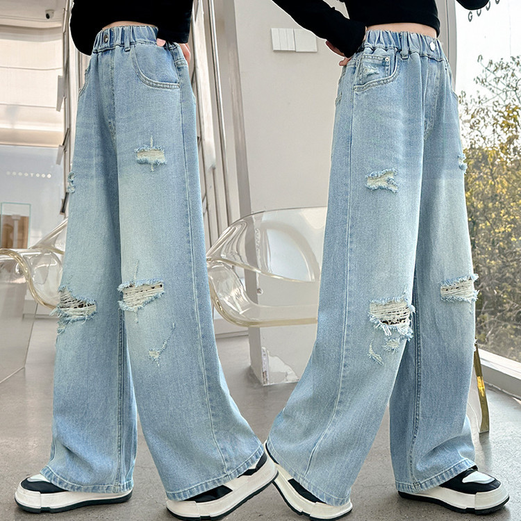 Girls 25 Spring Ripped Label Denim Wide Leg Pants 2515 New Children's Miscellaneous European And American Jeans_voghion.com