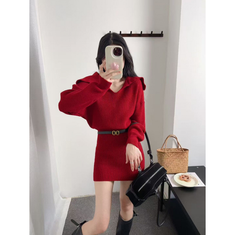 Lazy Style Knitted Dress 2025 New Women's Autumn and Winter High-End Christmas Wear Long-Sleeved Sweater Dress Women's Clothing Lazy Style Knitted Dress 2025 New Women's Autumn and Winter High-End Christmas Wear Long-Sleeved Sweater Dress Women's Clothing