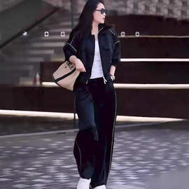 慵懒风休闲运动套装女韩版高级感春季黑色翻领宽松卫衣两件套女装