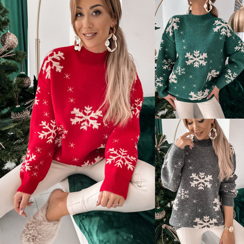 357g Weight Long Sleeve Sleeve Length Pullovers Placket Type Regular Sleeve Sleeve Type Polyester Fabric Type Regular Top Length Sweater Tops Type Daily Occasion High Neck Neckline Regular Fit Fit Type Christmas Festival Snowflake Pattern Winter, Autumn Season Women'S Gender Jacquard Design Fashion Style Wholesale Women'S Fashion Snowflake Long Sleeve Jacquard Sweaters & Cardigans