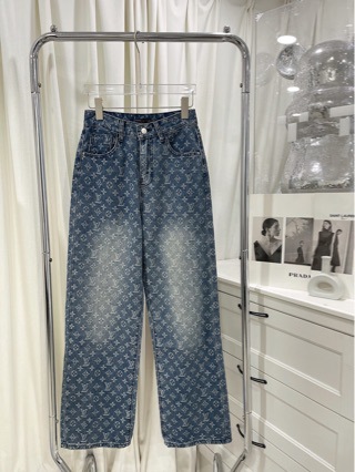 Monogram printli düz kəsikli cins şalvar, uzun casual model