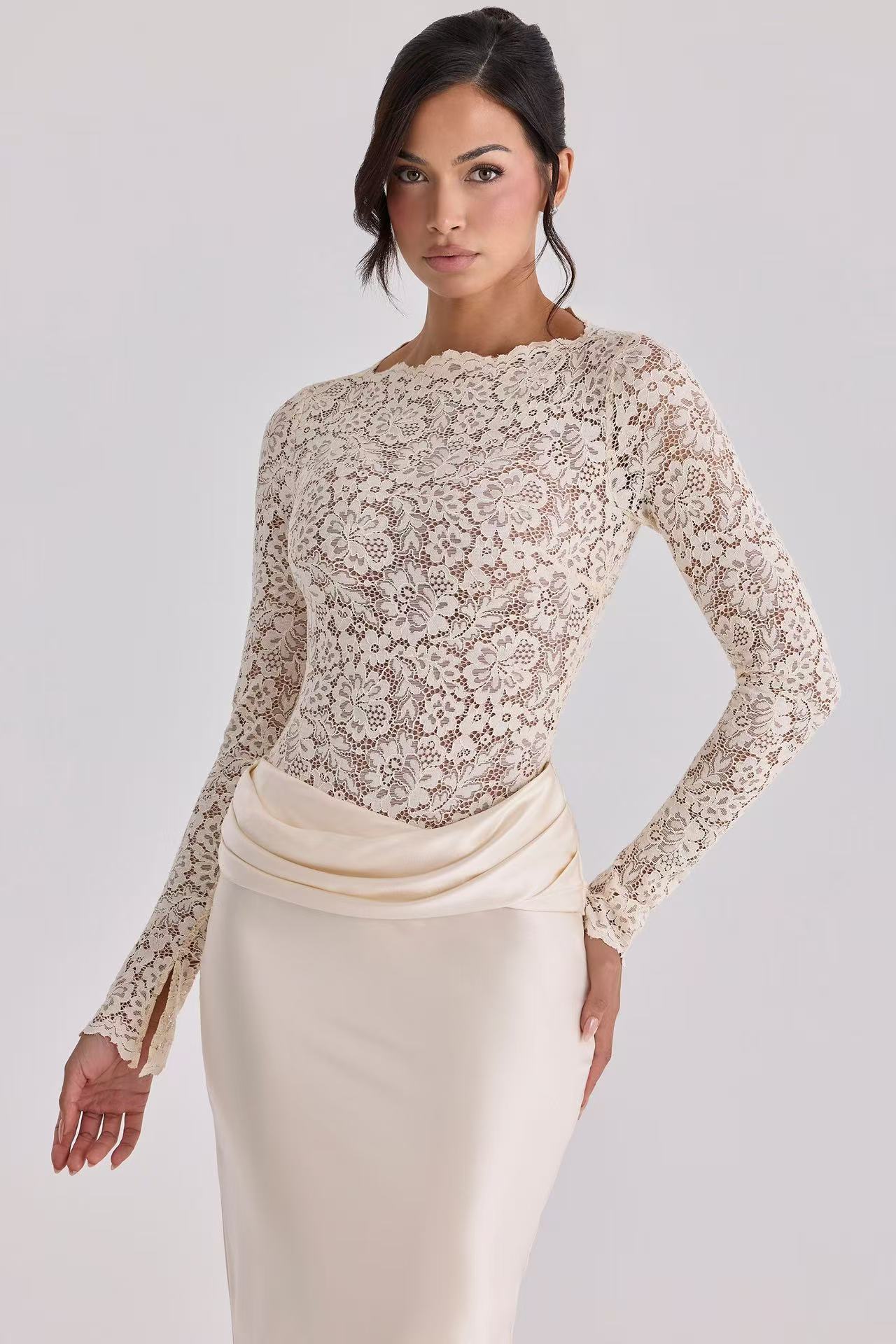 Women's Sexy Lace See Through Patchwork Bodycon Skirt Fashion Satin Pleated Fishtail Elegant_ecoleips.com