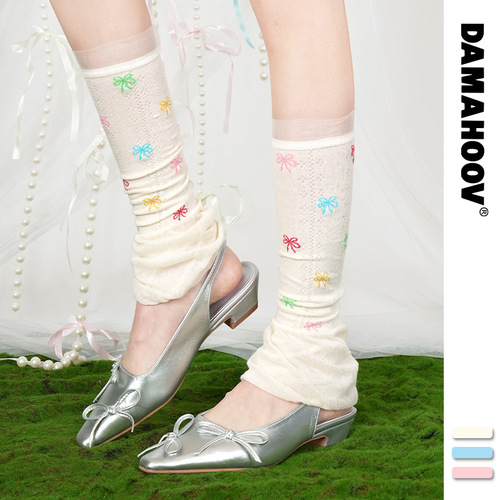 Summer thin women's sock cover breathable leg cover with bow ballet style solid color anti-slip miu floral lace puffy socks