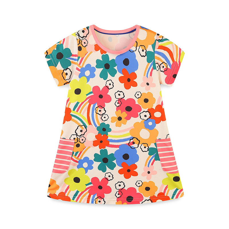Vestido de manga corta para niñas, estilo europeo y americano, 26 nuevos modelos de verano, vestido de princesa con cuello redondo, vestido floral para niñas, dropshipping