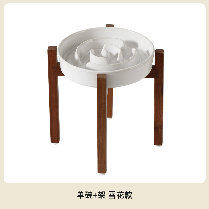 Tazón de comida lenta + estante de madera de acacia (medio blanco - Fondo de goma)