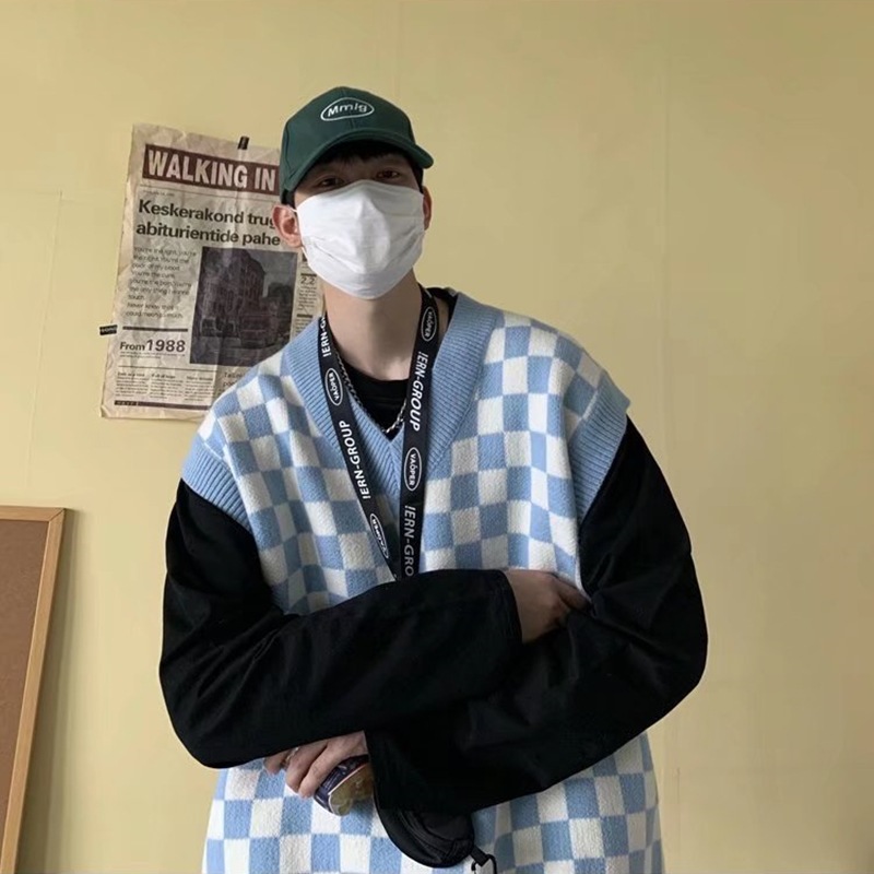 (2개) [쇼핑 폭발] TW 국경 간 남자 커플 V넥 격자 무늬 느슨한 스웨터 조끼 니트 조끼