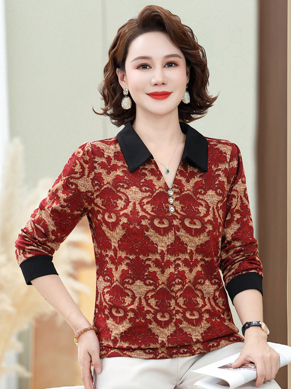 俏雅莹新款妈妈装秋季长袖上衣40岁50中老年女装印花减龄大码小衫|undefined