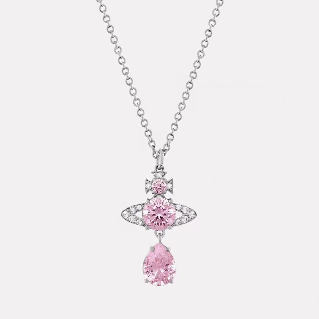 Pendant Necklace (Vivienne) Queen Mother Saturn design, pink crystal teardrop, clavicle chain