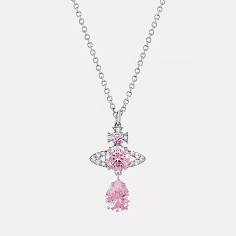 Pendant Necklace (Vivienne) Queen Mother Saturn design, pink crystal teardrop, clavicle chain