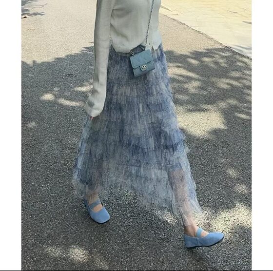 Mist Blue Tie-Dye Skirt Skirt Women's Spring and Autumn High Waist Puffy Skirt Gauze Skirt Pleated Long Skirt
