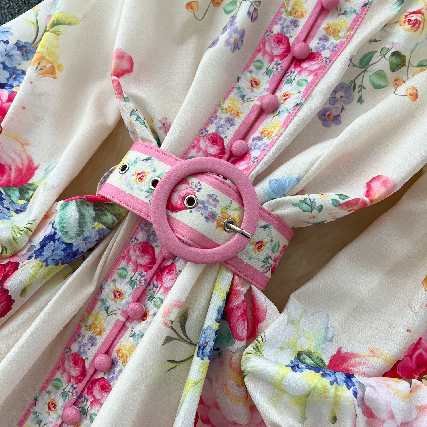 Women's Spring Resort Long Dress Lapel Lantern Sleeve Retro Print Waist Cinching Single Breasted Casual Elegant Fashion_ecoleips.com