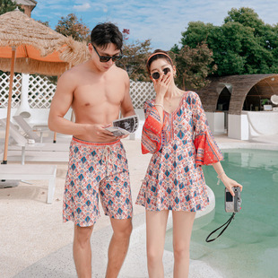 Honeymoon Vacation Couple Swimsuit Women's One-piece Skirt Boxer Fashionable Slim Belly Covering Men's Beach Swimsuit Hot Spring Swimsuit
