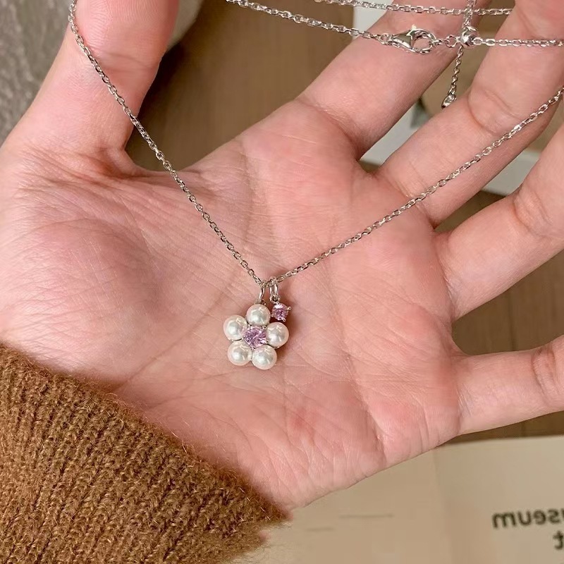 韩系爆闪珍珠花朵闪钻吊坠项链女轻奢甜美锁骨链小众秋冬项饰百搭|undefined