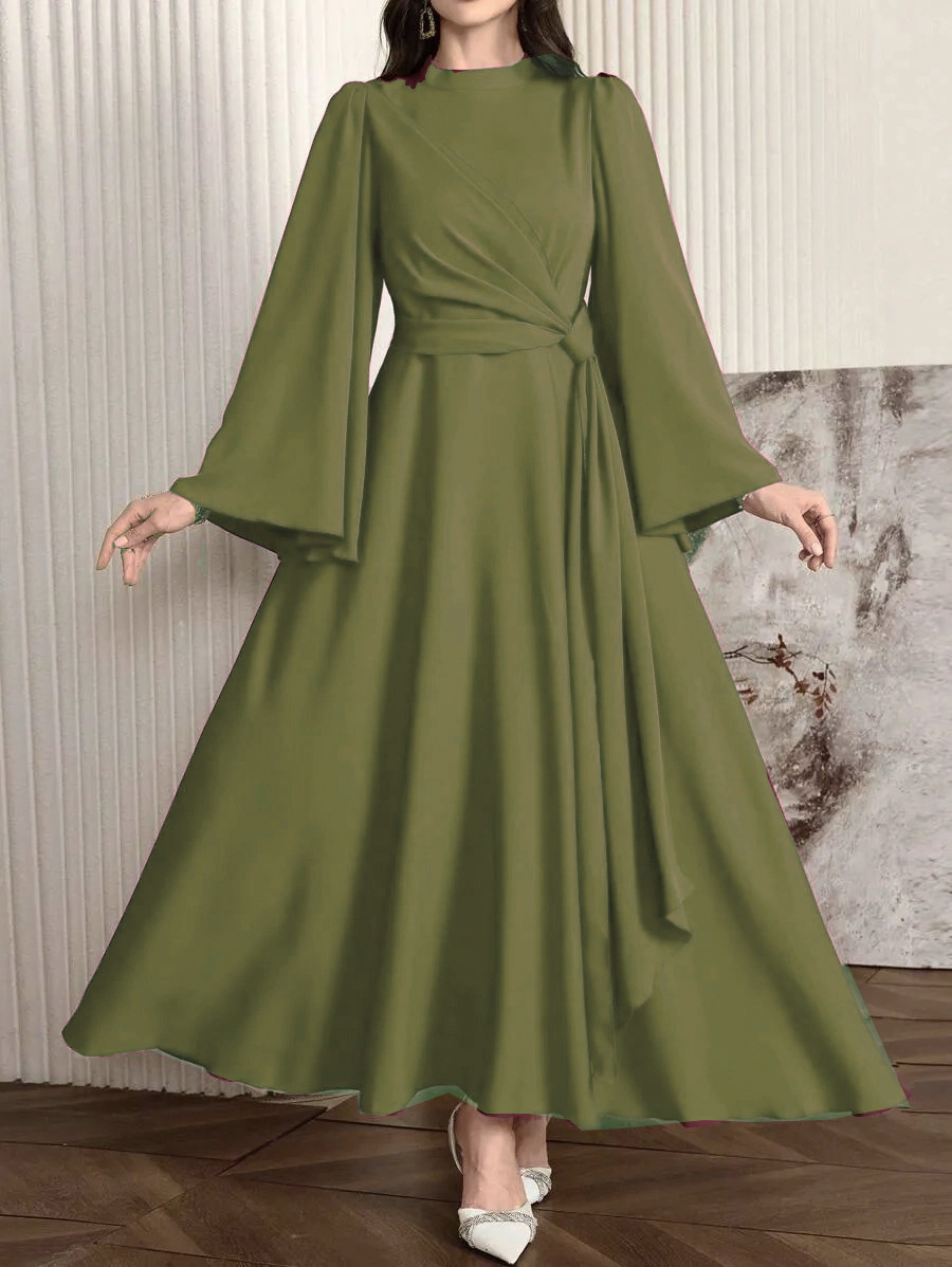 Women's Solid Color Long Sleeved Casual Maxi Dress Slim Fit Stand Collar Back Zipper New European American Style_ecoleips.com