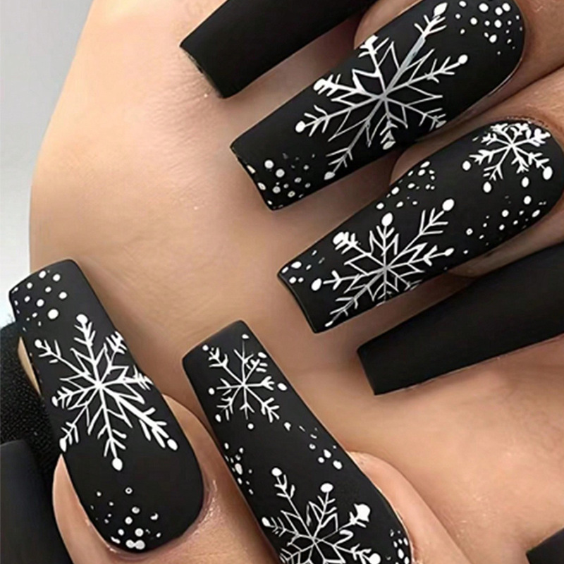 Christmas Wearable Nails Black Mysterious Large Snowflake Manicure Nails Long Ladder 24 Pieces Removable Wearable Nail Patches