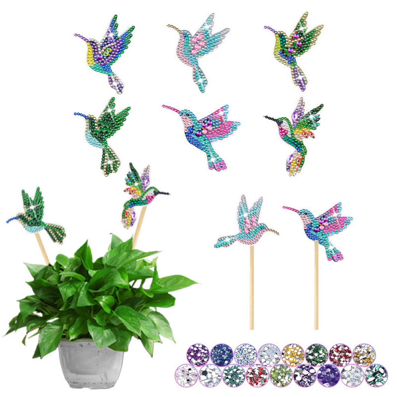 Estacas decorativas para macetas con diseño de flores para decoración de plantas en el hogar y escritorio, fabricante de estacas de jardín hechas a mano con pegatinas de diamantes DIY.