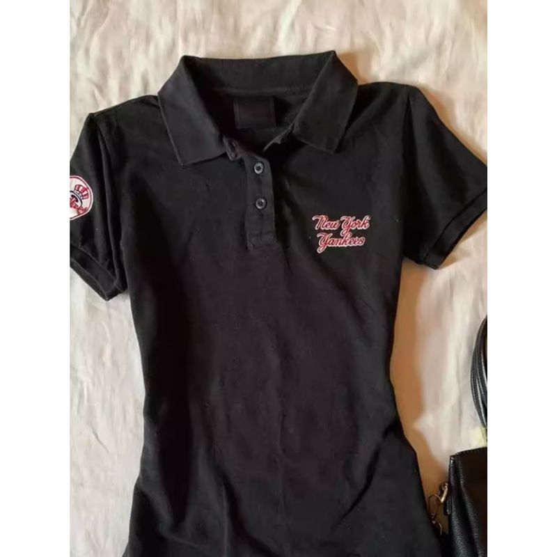 American Style Vintage Polo Neck Embroidered Short-sleeved T-shirt Women's 2025 Summer Design Sense Slim-fit Slim-fit Tight Waist Top Ins