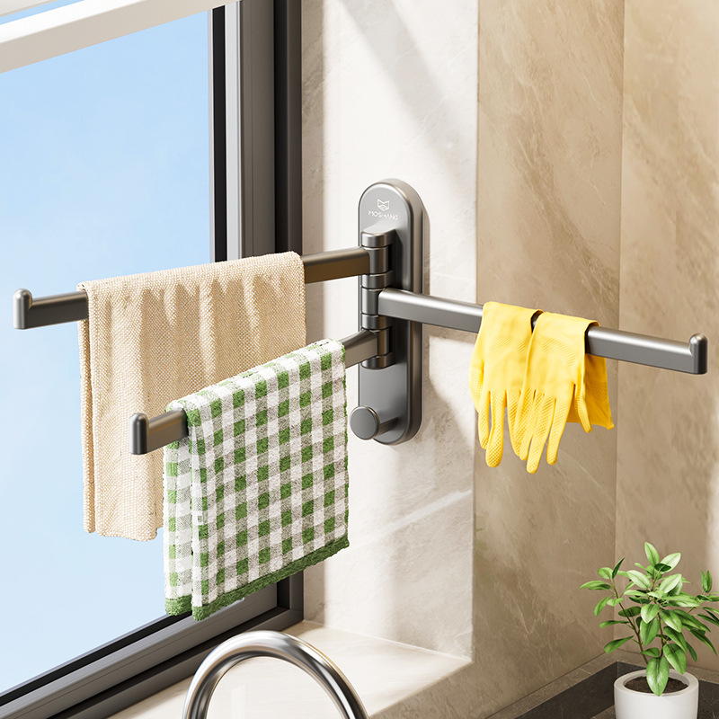 Kitchen Cloth Drying Rack, Sink Window Sill Storage Rack, Traceless Wall-Mounted, Rotatable Multi-Rod Towel Rack