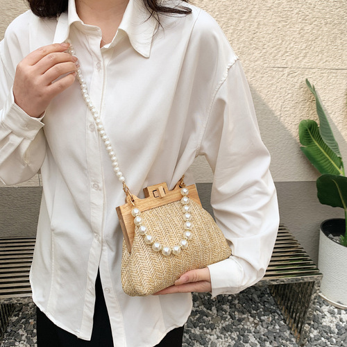 Summer Popular Casual Matchable Pearl Tote Bag for Women  Korean Style Grass Weave Small Square Bag