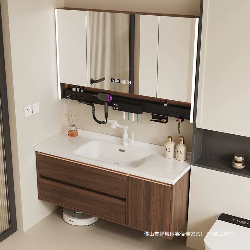 中古风卫浴胡桃木浴室柜陶瓷一体盆洗手盆柜组合洗手台浴室柜单柜