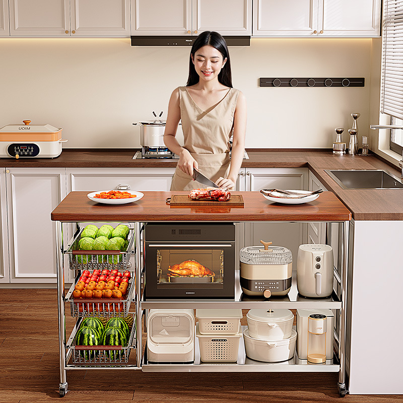 新款304不锈钢多功能置物架 微波炉蔬菜篮切菜操作台电饭锅收纳架