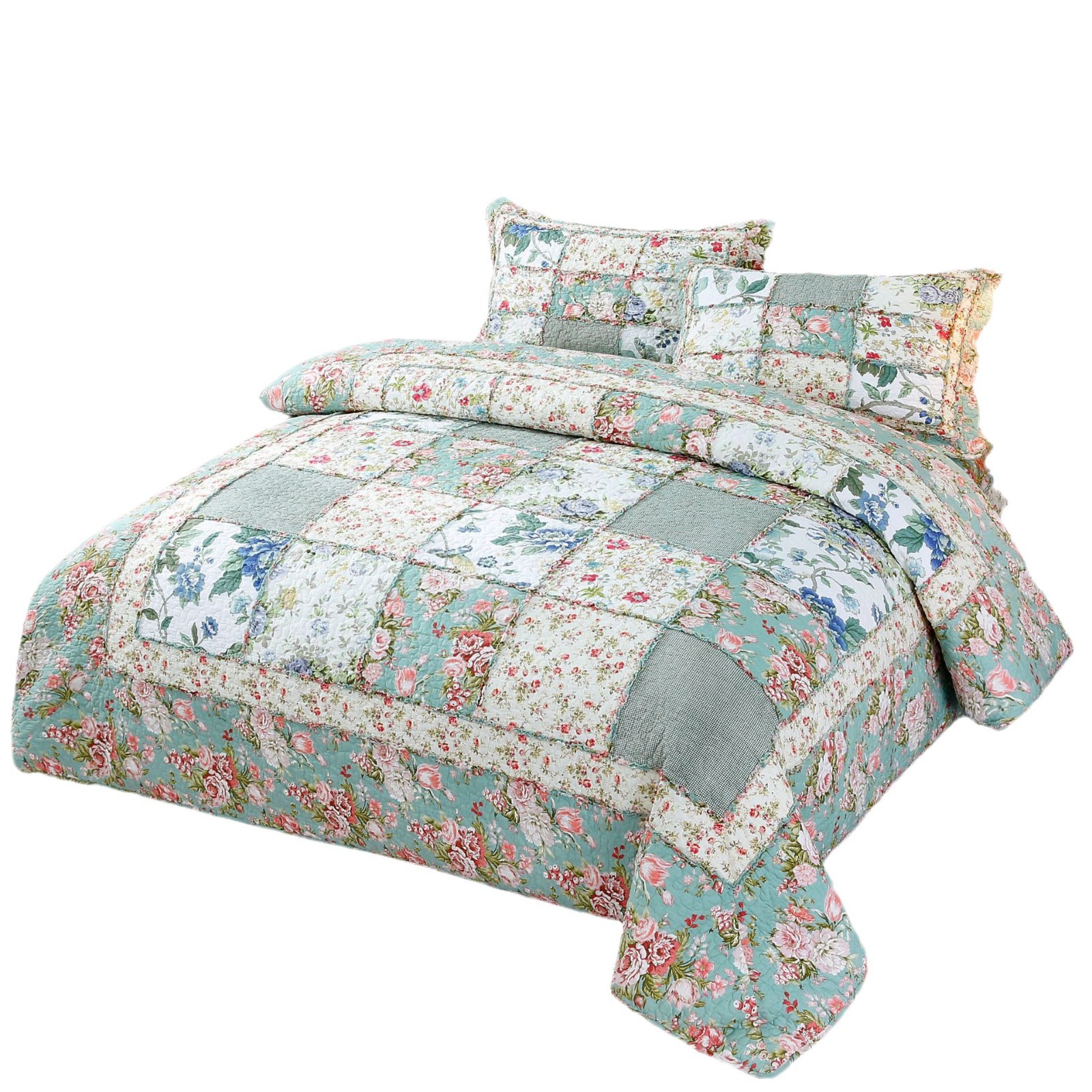 Exported American-style All-cotton Cover Four-piece, Handmade Patchwork Pastoral Style Quilted Bed Sheet Three-piece_voghion.com