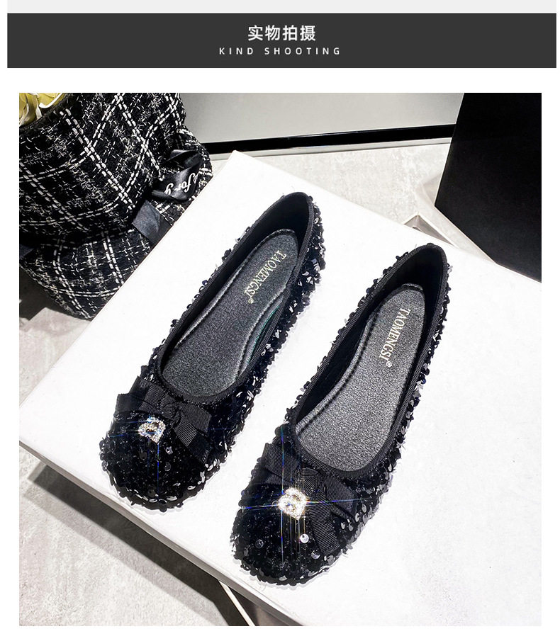 Giày búp bê nữ mũi vuông đế nhỏ đính sequin nơ, kiểu Mary Jane lười gót thấp 1–3 cm — Màu bạc, Màu đen chi tiết 24