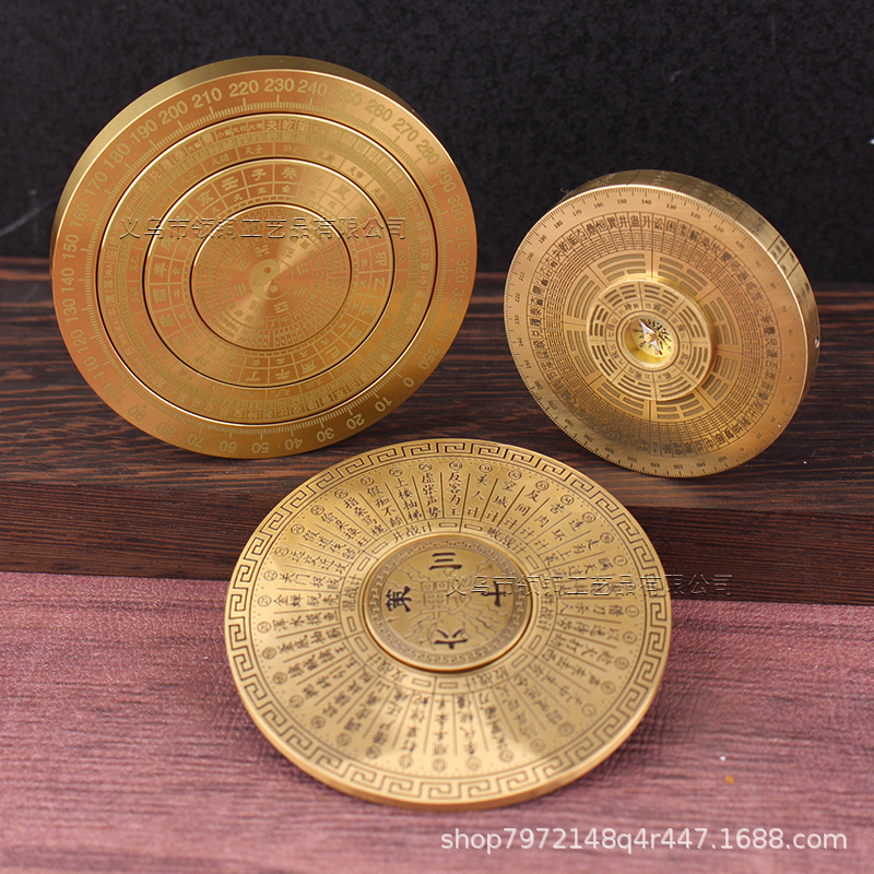 黄铜罗盘转动手把件多轴承精工随身解压螺旋指南针八卦面风水摆件