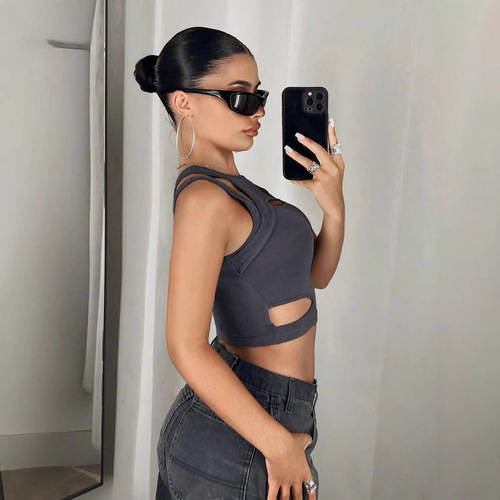 US and European summer spicy girl sexy slimming short openwork two-piece halter sport casual cross women's top and vest