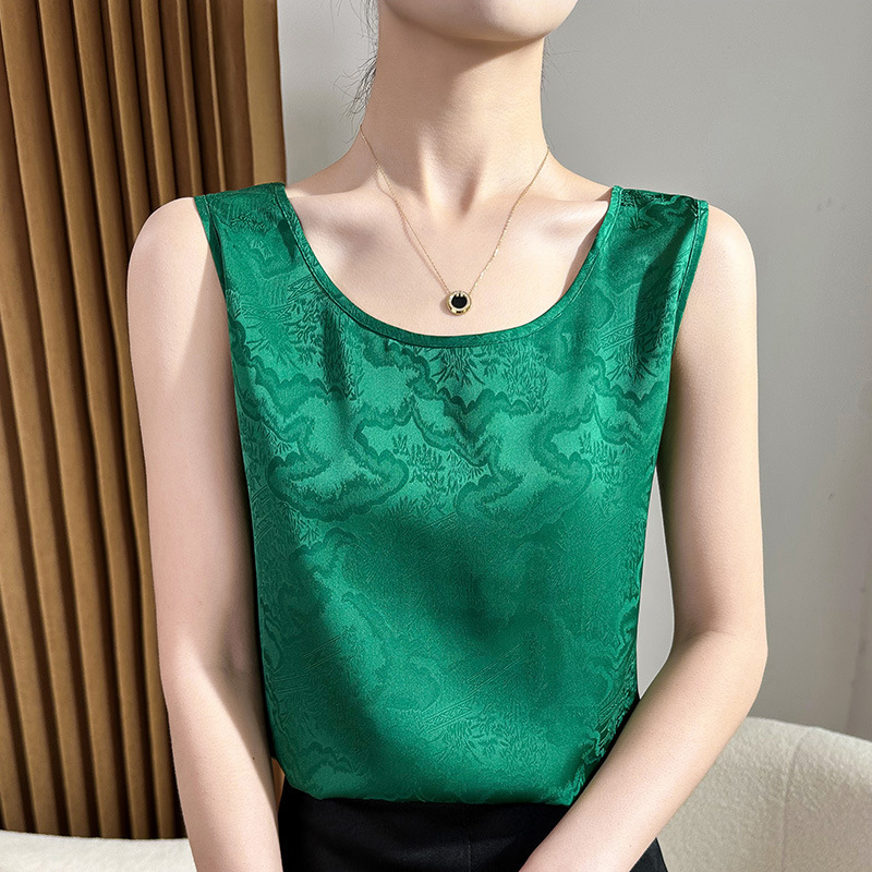 丝绸缎面2025春夏女装新款修身圆领宽肩提花气质内搭上衣吊带背心