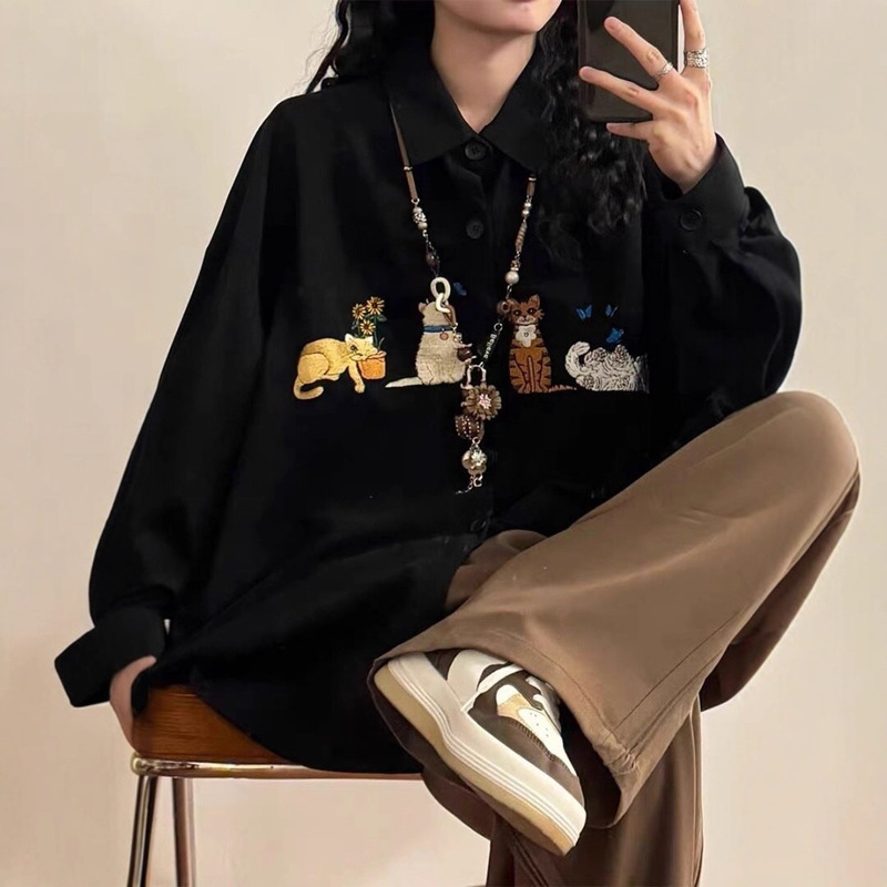 American Trendy Brand Cat Embroidered Corduroy Long-Sleeved Shirt Women's Summer Hong Kong Style Casual Top Trendy