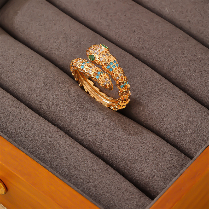 Parure de bijoux serpentine pleine de diamants, bague bracelet en zircon, personnalité de luxe légère, tête de léopard de l'industrie lourde_voghion.com