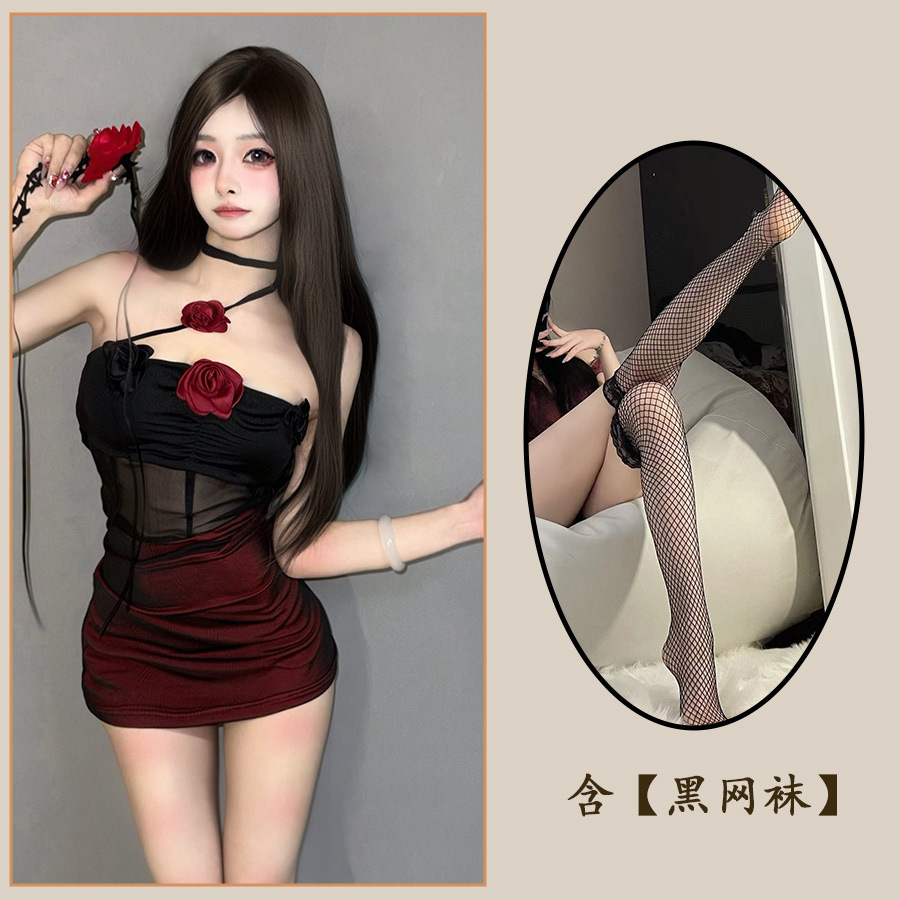 버건디 멜빵 + 블랙 망사스타킹