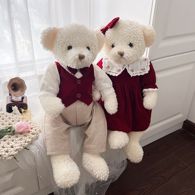 Vintage de alta calidad vestido de terciopelo rojo Teddy Bear muñeca de peluche pareja Teddy Bear muñeca de boda