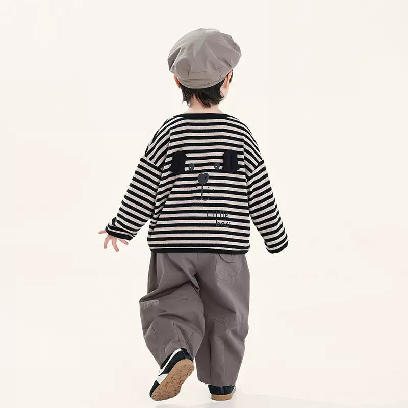 畅果童装男童长袖t恤秋季新款儿童条纹卡通上衣中小童春秋套头衫