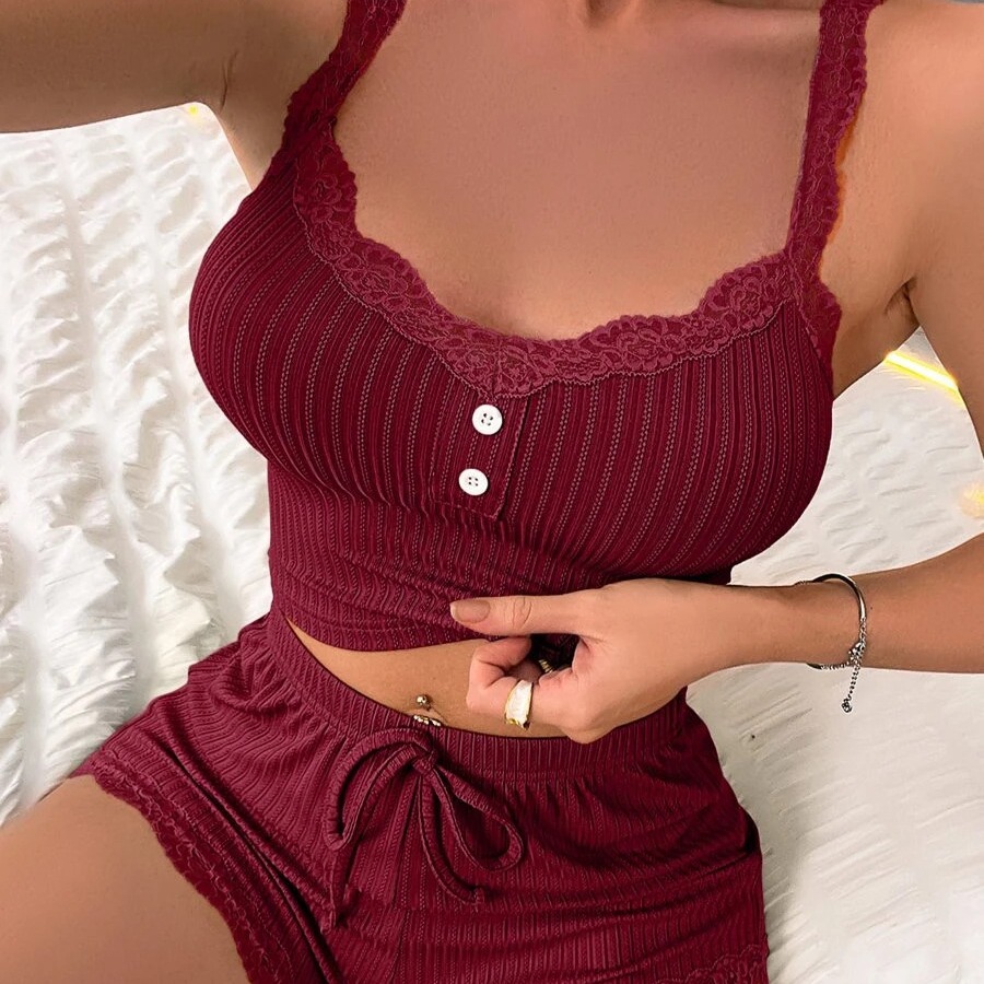 유럽과 미국의 국경 간 홈 의류 여성용 단색 섹시 캐주얼 카미 솔 반바지 섹시한 립 핏 홈 파자마