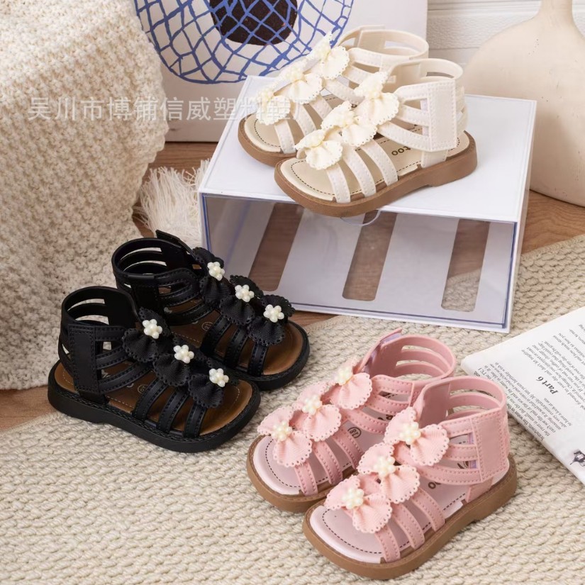 2026 Girls' Sandals New Summer Soft Sole Bowknot Pearl Princess Korean Style Fashion Beach Sandals Wholesale