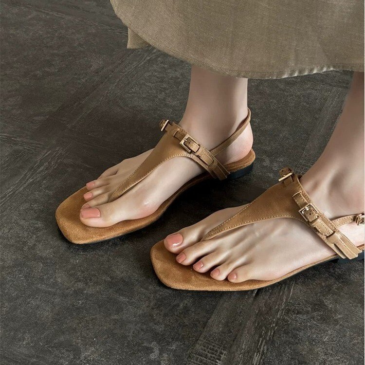 Sheepskin Version~Simple Retro Style Fashionable Vacation Style Beach Shoes for Women with Belt Buckle Design and Soft Sole Thong Sandals