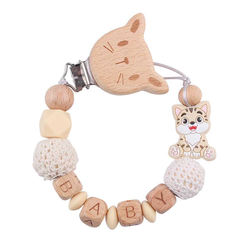 Nuevo bebé gato clip de chupeta de madera de haya dibujos animados juguetes de silicona para gatos calmar bebés chupeta cadena anti-caída cadena