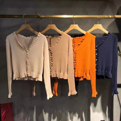 WZFS2127 Early Spring Japanese New V-Neck Ear Edge Slim-Fit Knitted Cardigan Female Moses