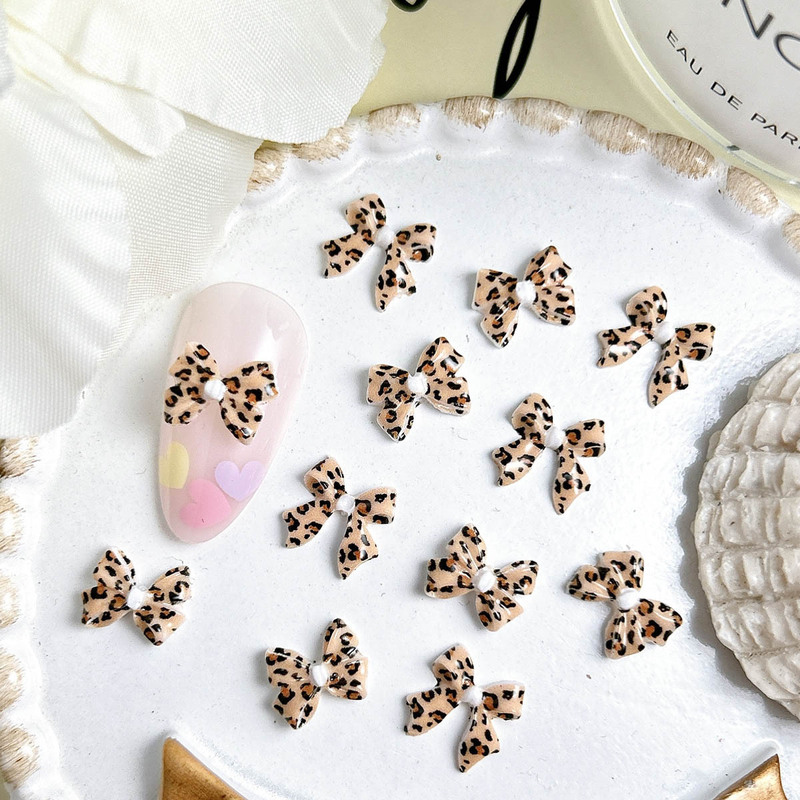 TikTok Autumn/Winter New Maillard Leopard Print Bowknot Resin Nail Art Accessories Wholesale