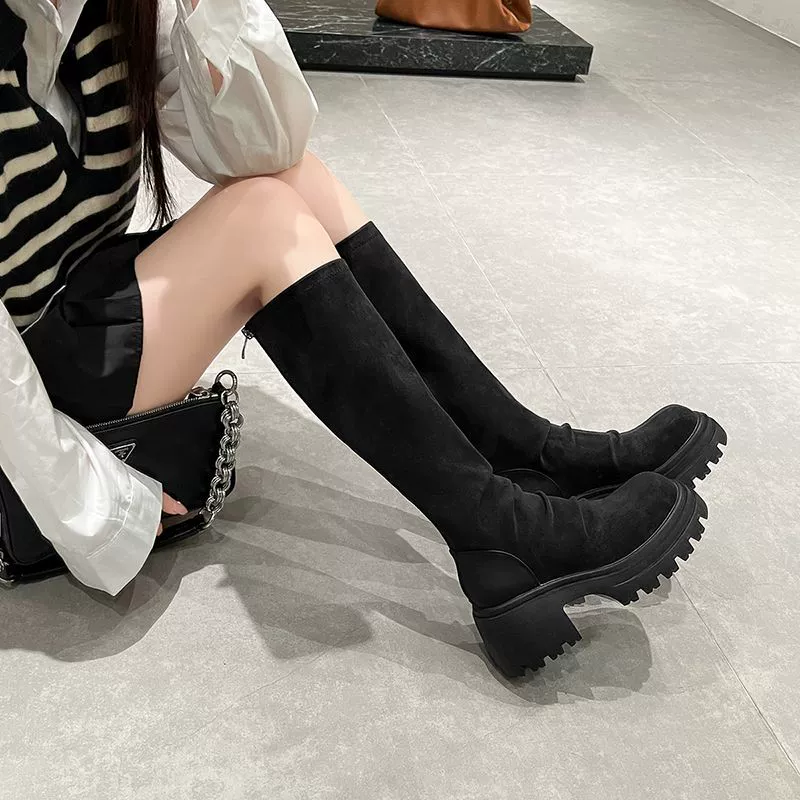 High demi-season high boots platform, fitted, soft sole