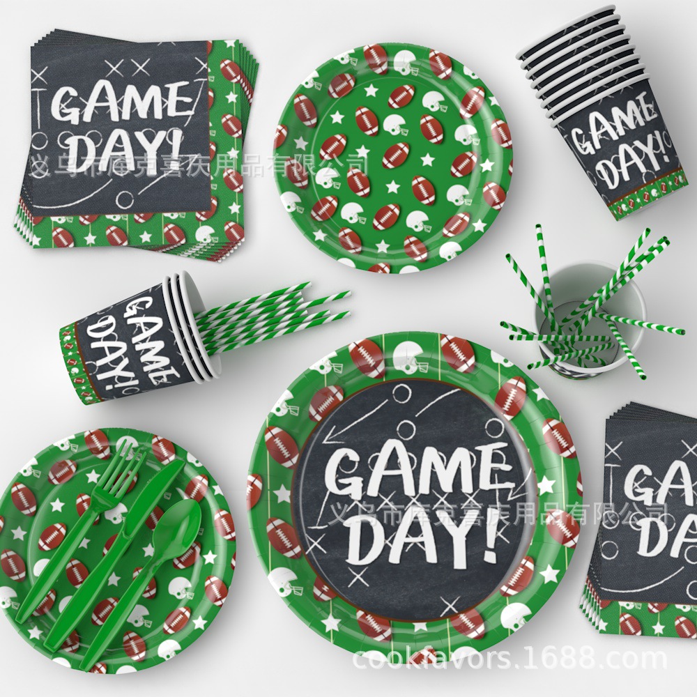 Amazon Super Bowl Party Decoration Rugby Plate de papel desechable tazas de papel bolos de bandera set globos