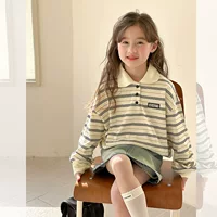 Aimo bebe 2025 весенние мальчики и девочки буквенные повседневные лацканы рубашка POLOTO детские корейские полоски свитер