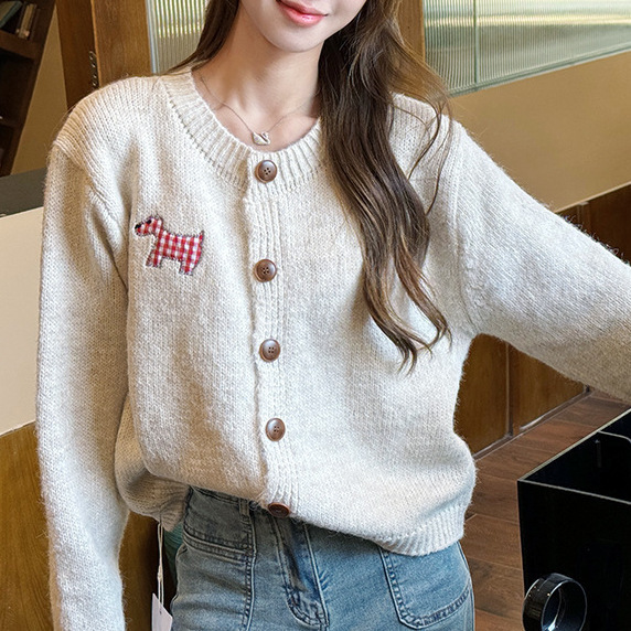 韩版小狗贴布糖果色甜美毛衣开衫春秋新款圆领长袖温柔风针织外套|undefined