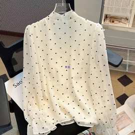 法式波点雪纺上衣女春蝴蝶结小衫气质名媛甜美荷叶边泡泡长袖衬衫