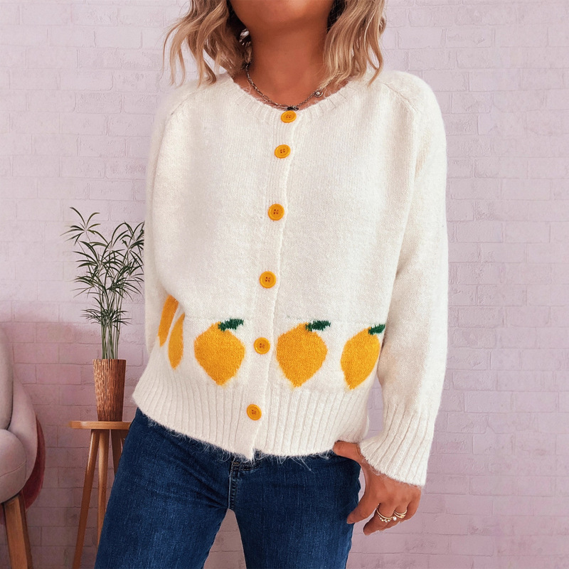 Cross-Border Amazon Autumn and Winter New Lemon Jacquard Contrasting Buttons Casual Loose Round Neck Knitted Cardigan Sweater for Women