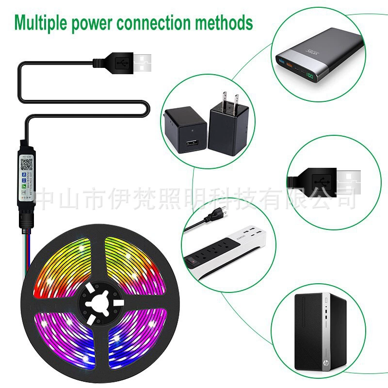 Светодиодная лента (5V 5050 RGB) 60 светодиодов/м, питание USB, управление по Bluetooth и инфракрасное, длина 0.5–5 м