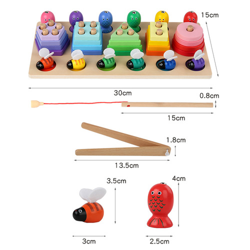 Wooden fishing cut and watch clip bee three-in-one set of pillars for children's early education Montessori hand-eye coordination and color recognition toys