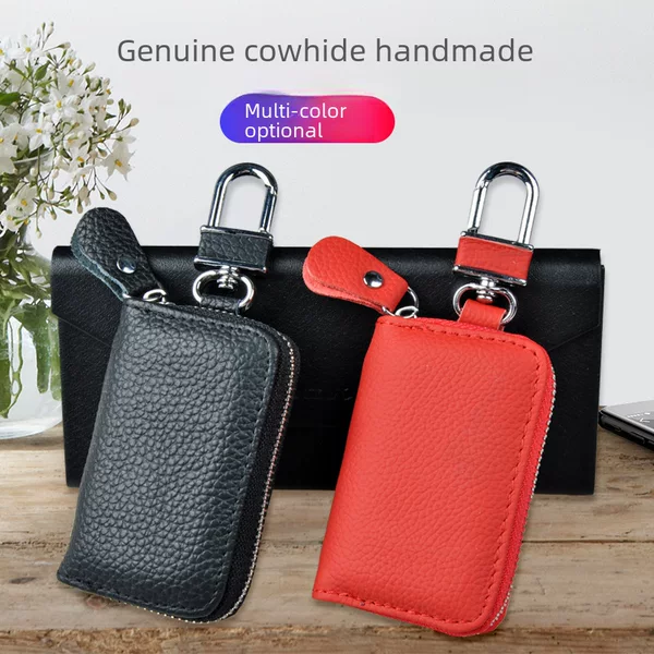 Cross-Border Leather Car Key Case, Hot-Selling Fashionable Leather Car Key Case, Waist-Hanging Genuine Leather Lychee Pattern Key Case